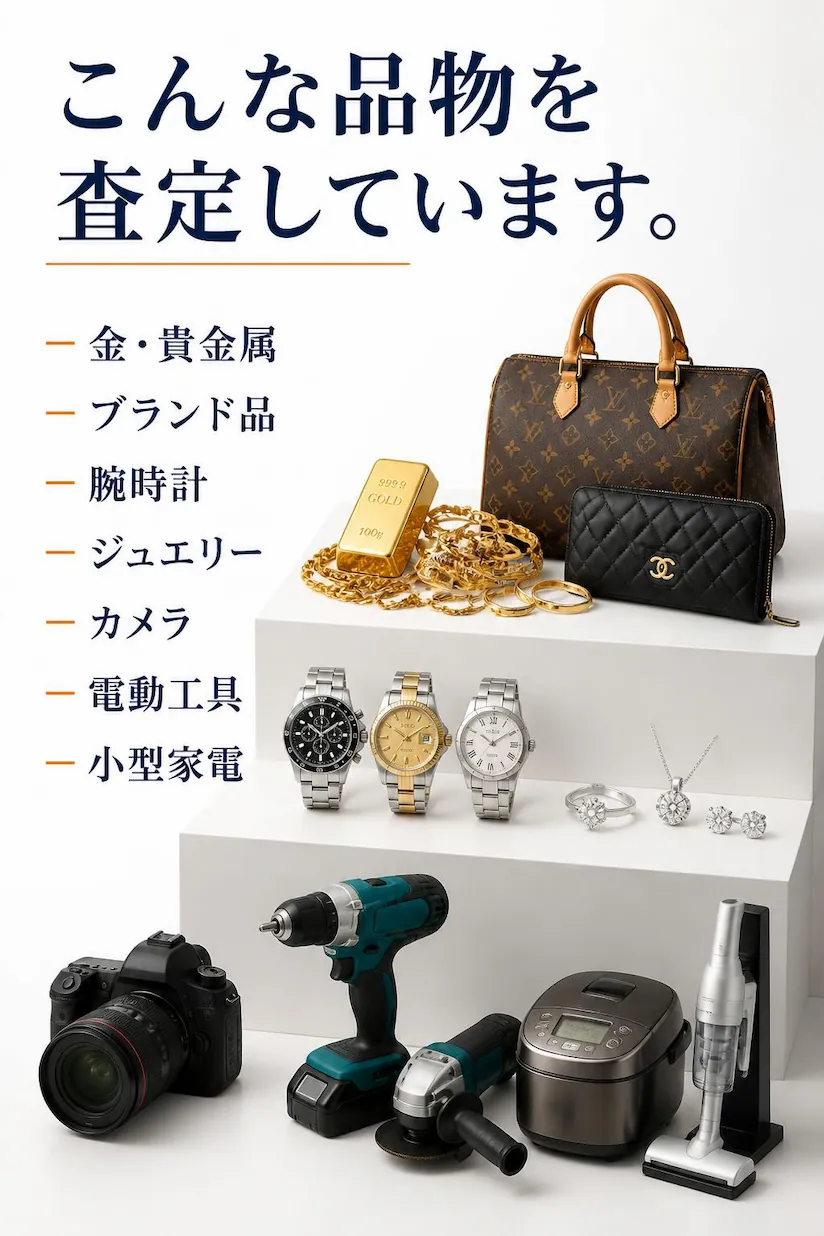 金・貴金属・ブランド品・腕時計・ジュエリー・カメラ・電動工具・小型家電など幅広い品目を査定する総合買取専門店にこにこ堂