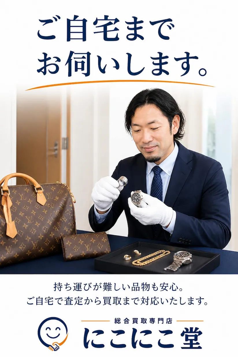 登米市を中心に出張買取に対応し、ブランド品・貴金属・腕時計・ジュエリーなどをご自宅で一つひとつ丁寧に査定・買取する総合買取専門店にこにこ堂