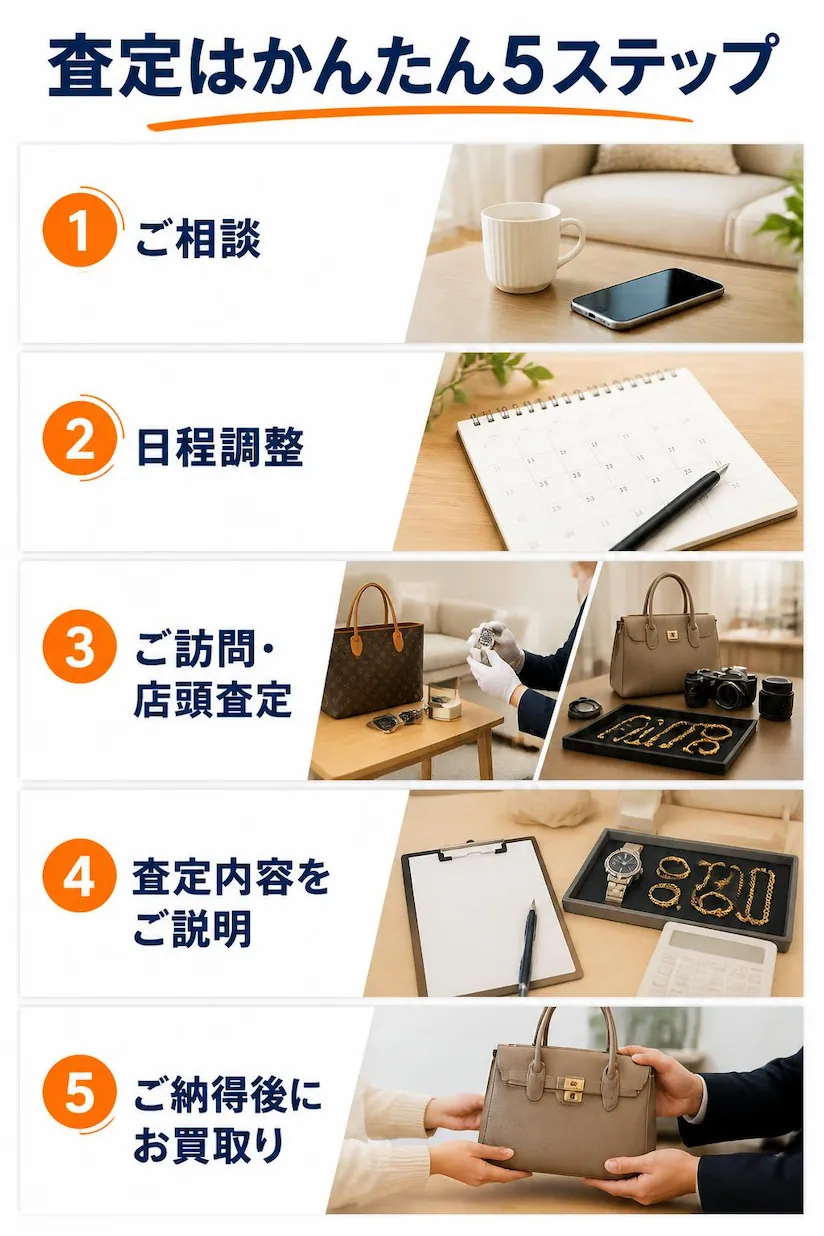 登米市を中心に出張査定・店頭査定に対応し、ご相談から日程調整、査定、ご説明、買取まで5ステップで対応する総合買取専門店にこにこ堂